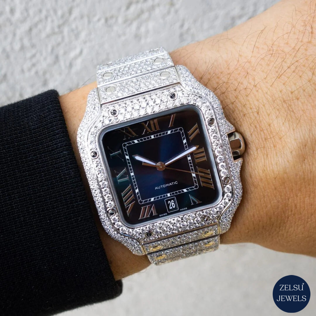 Exquisite silver moissanite diamond watch with blue crystal dial, offering both modern style and timeless luxury.
