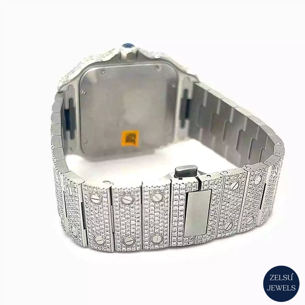 Silver moissanite diamond watch with blue crystal dial, featuring radiant diamonds for a unique and elegant timepiece.
