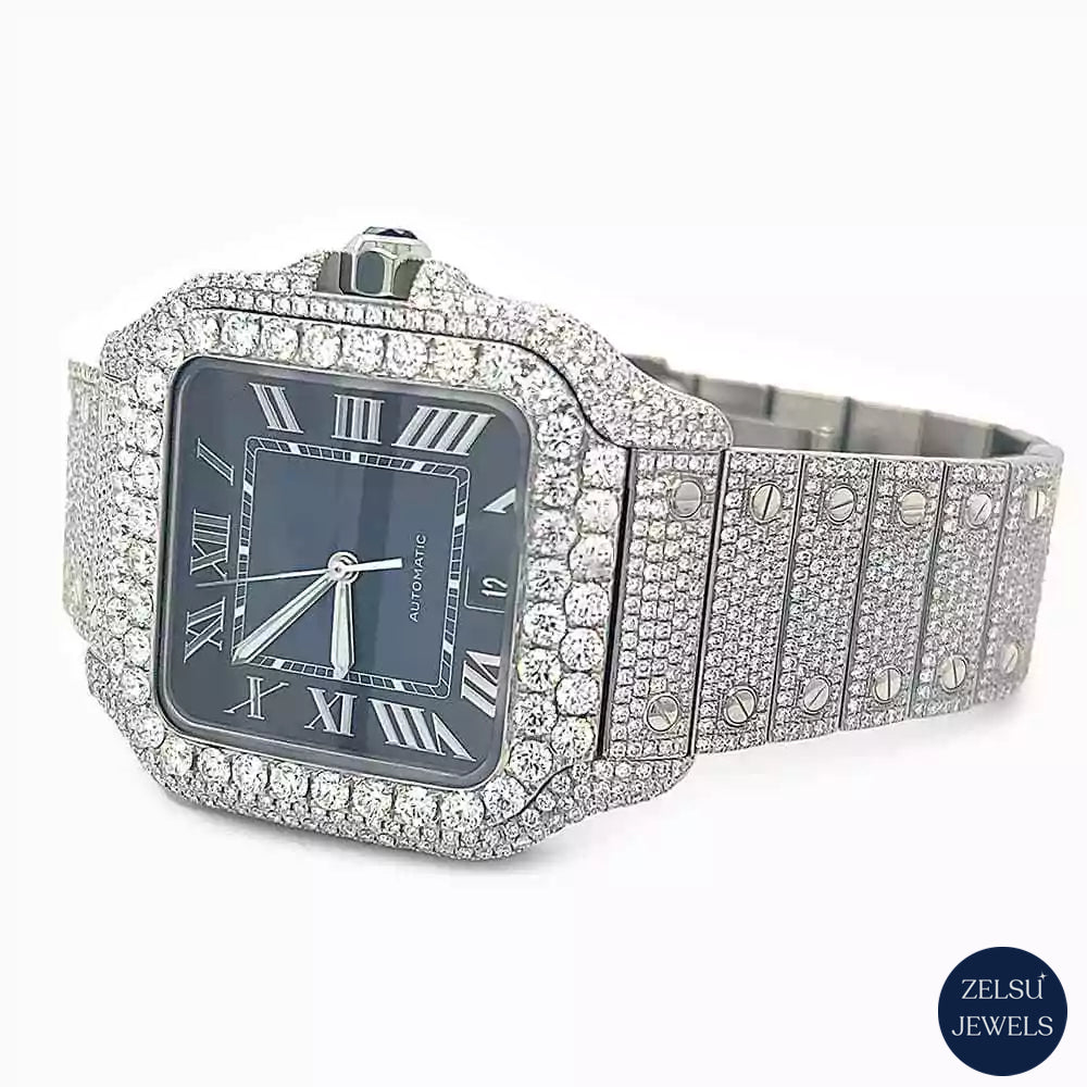 Timeless silver moissanite diamond watch with a blue crystal dial, perfect for those who appreciate both luxury and color.
