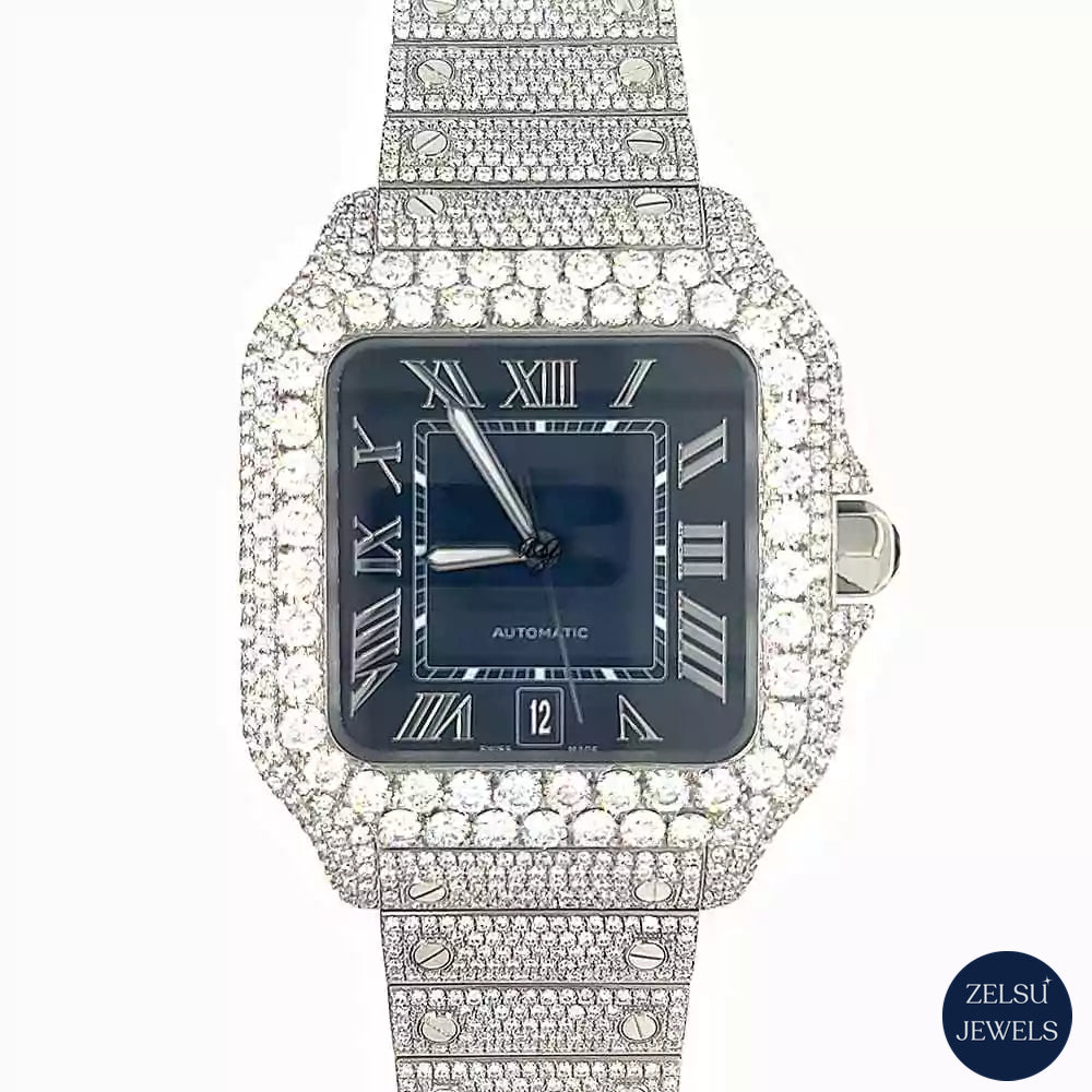 Luxury silver moissanite diamond watch featuring a beautiful blue crystal dial and sparkling diamonds for a sophisticated look.