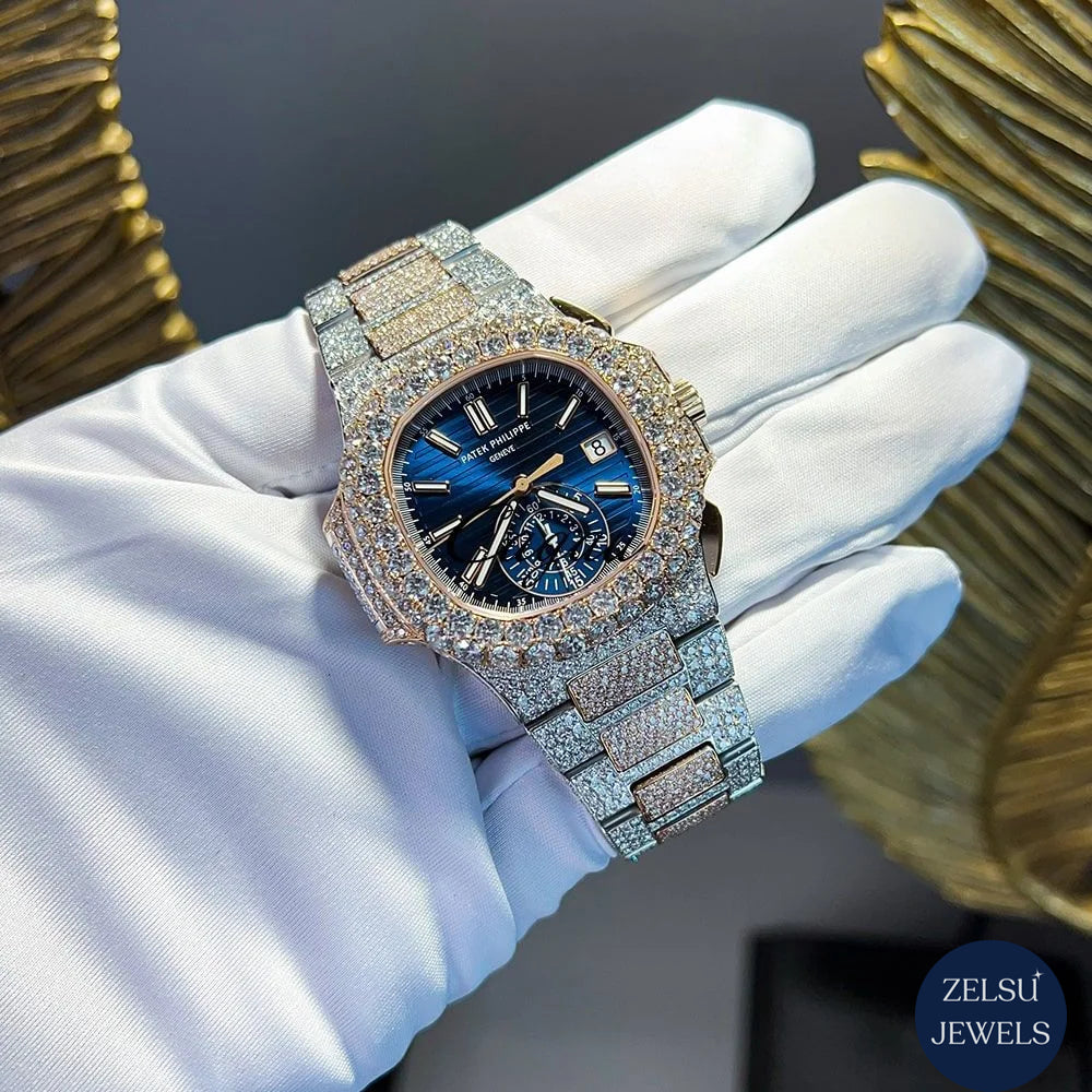 Luxury diamond watch with blue crystal dial, rose gold case, and radiant diamonds, perfect for a stunning wrist accessory.