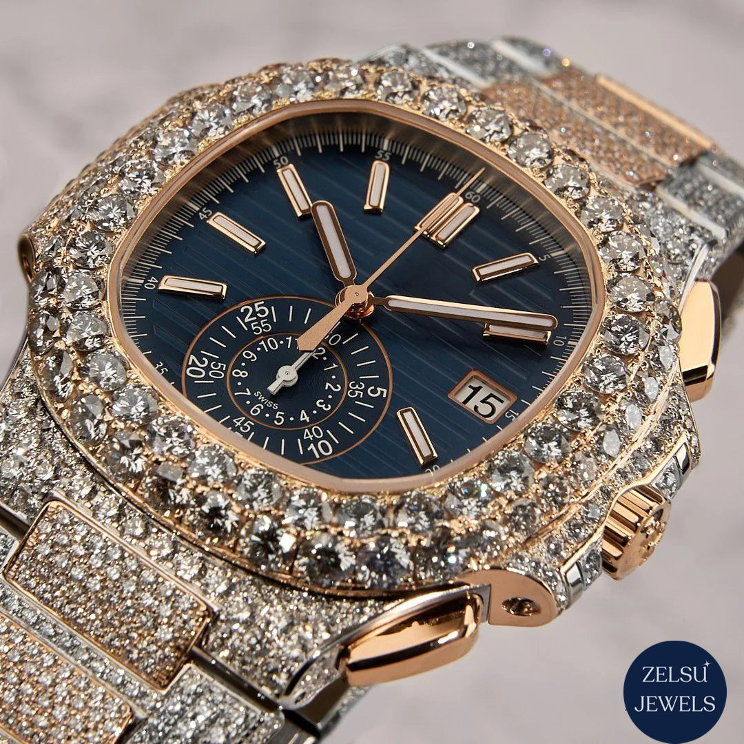 Exquisite luxury diamond watch featuring blue crystal, rose gold, and diamonds for an elegant, eye-catching look.