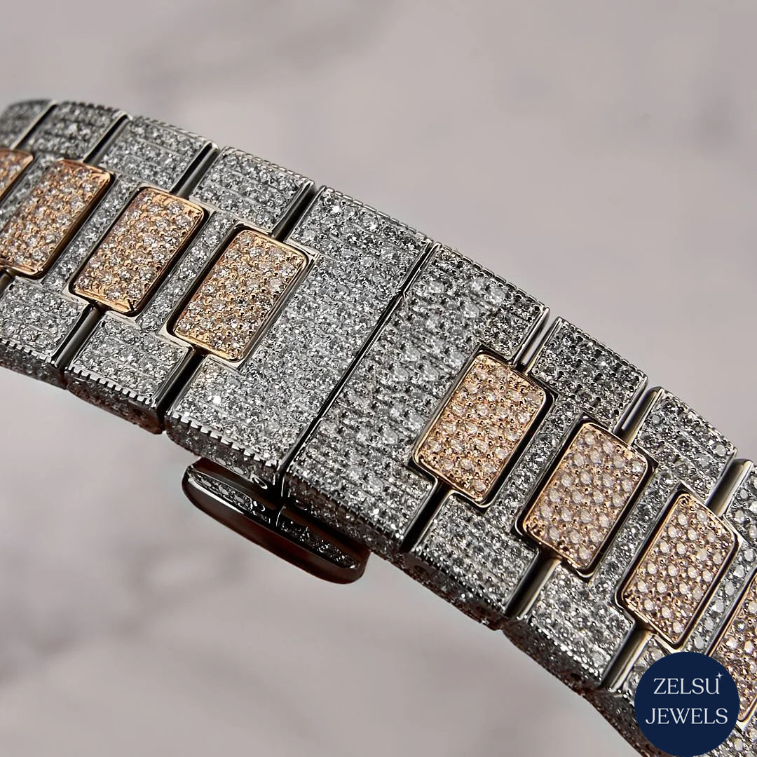 Sophisticated diamond watch with blue crystal dial, rose gold case, and sparkling diamonds for a luxurious design.