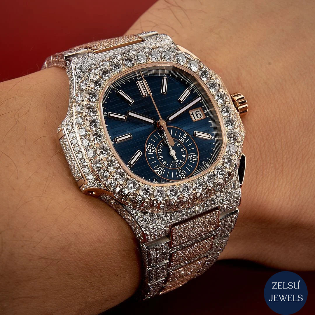 Radiant luxury diamond watch with blue crystal dial, rose gold accents, and dazzling diamonds for a refined timepiece.