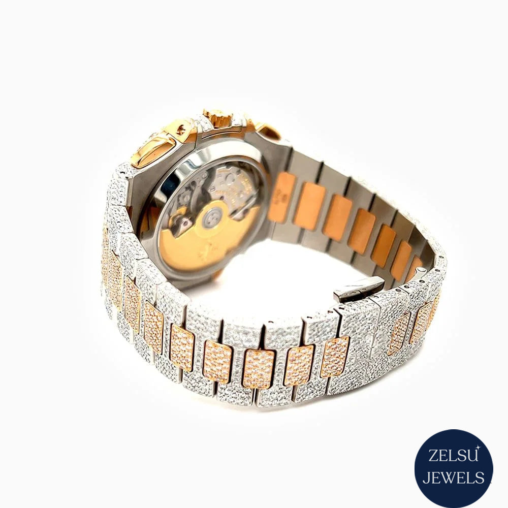 Luxury diamond watch with blue crystal, rose gold case, and radiant diamonds, perfect for making a luxury statement.
