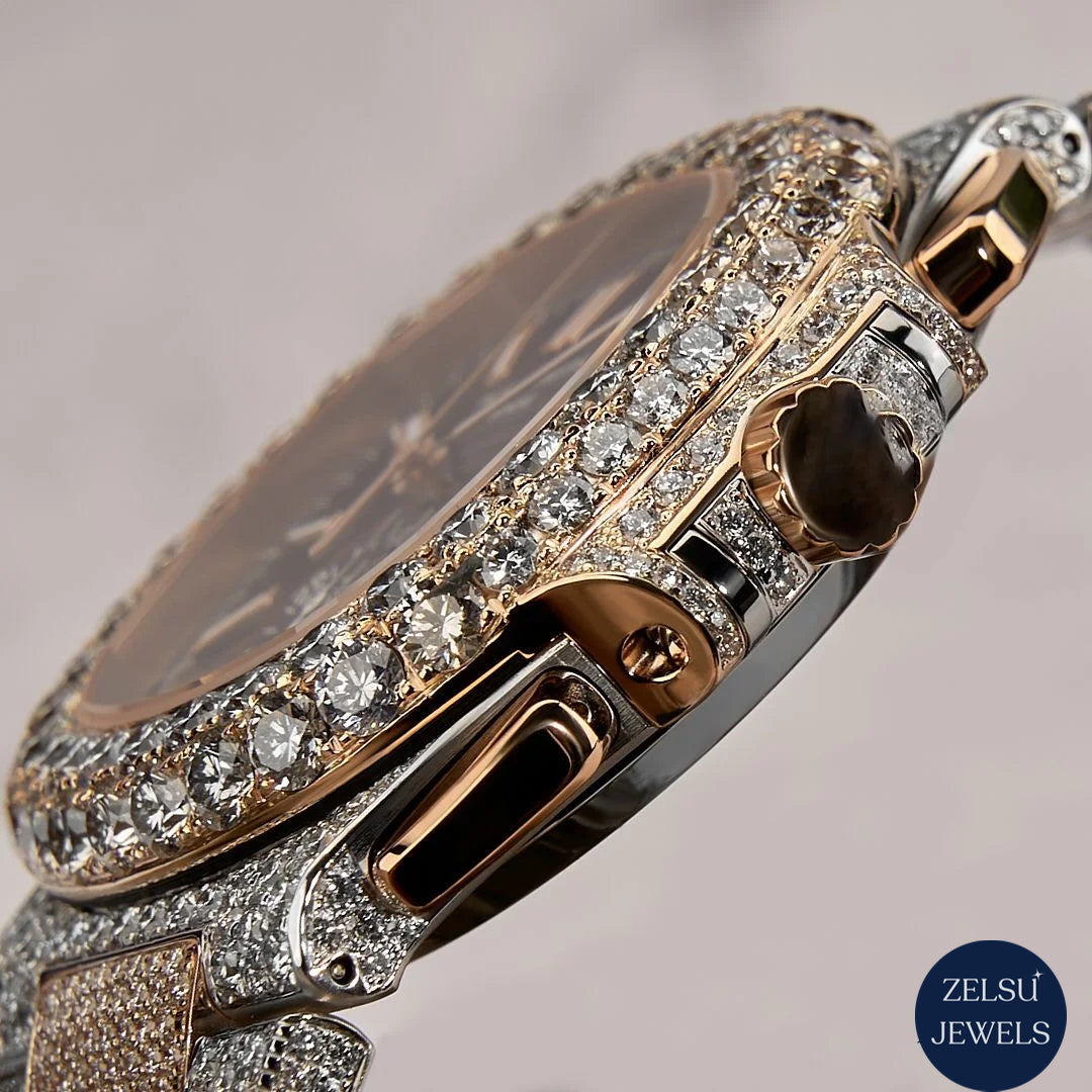 Exquisite diamond watch with blue crystal, rose gold, and diamonds, combining timeless elegance with modern luxury.