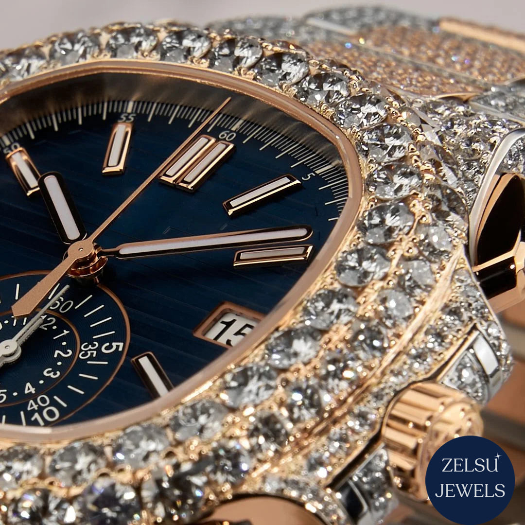 Radiant luxury diamond watch featuring blue crystal, rose gold, and dazzling diamonds for a sophisticated look.