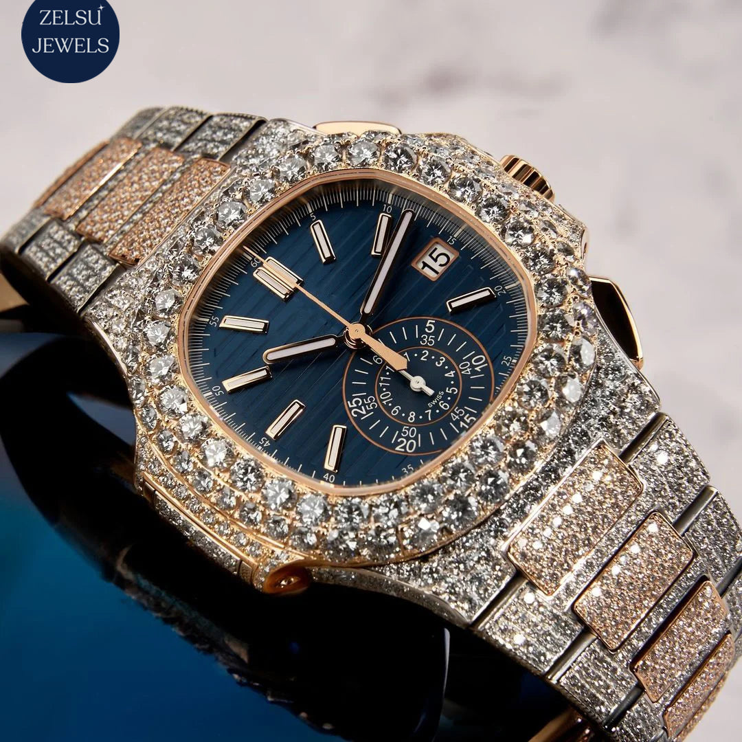 Stunning diamond watch with blue crystal dial, rose gold accents, and radiant diamonds, ideal for fashion-forward individuals.