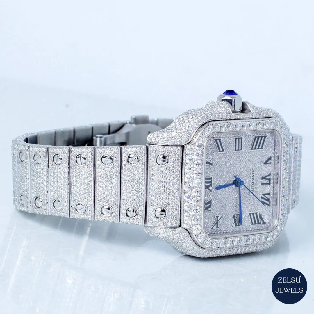 Fully VVS clarity Cartier bust-down watch, featuring radiant diamonds for a bold and luxurious timepiece.