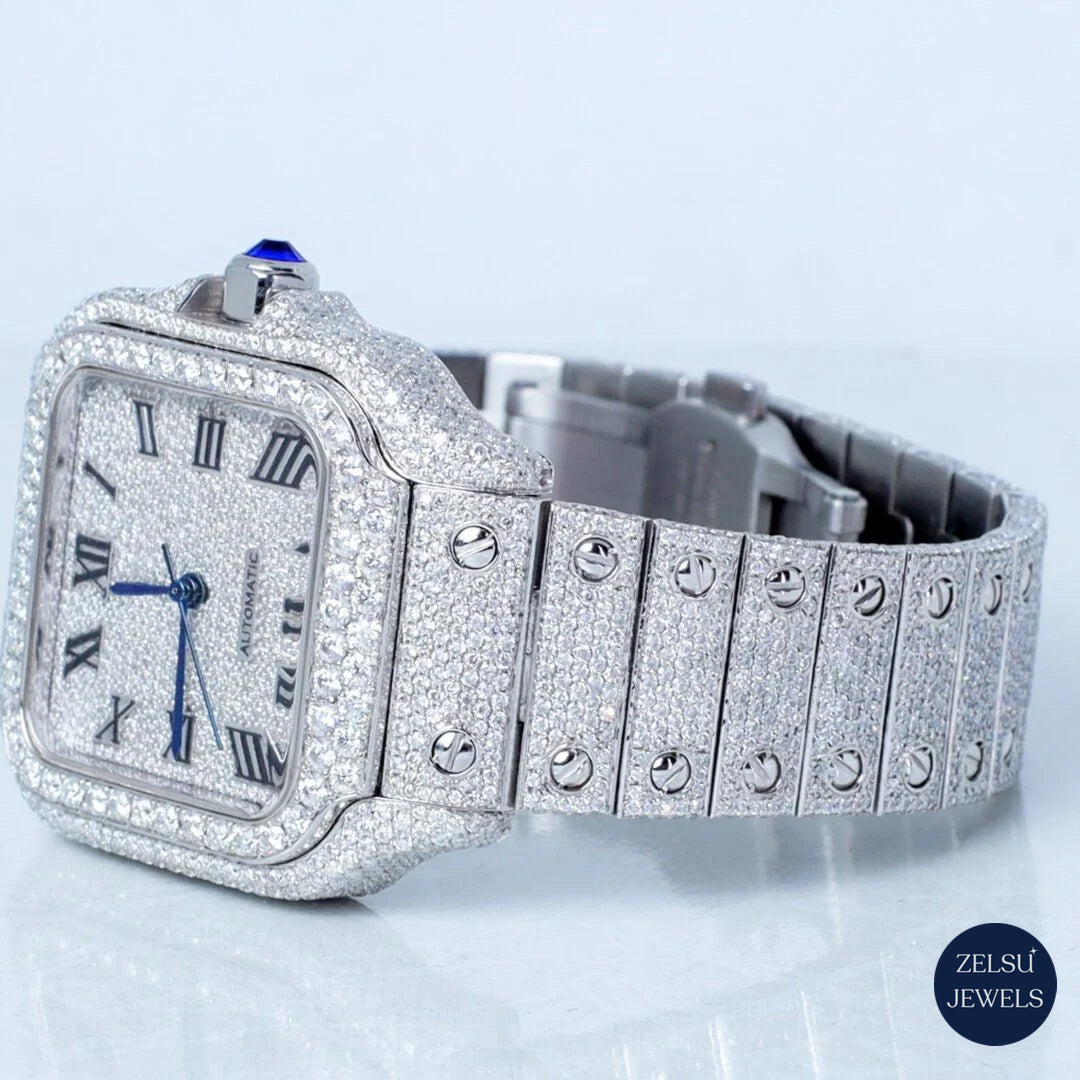 Cartier bust-down watch with fully VVS clarity diamonds, combining timeless design with dazzling diamonds for a luxurious accessory.