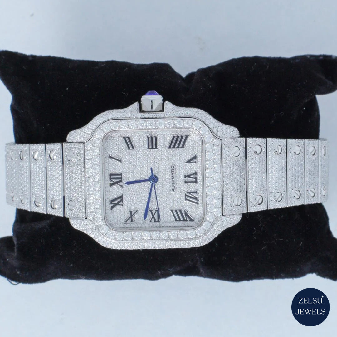 Cartier watch bust-down with fully VVS clarity diamonds, ideal for those who seek a luxury timepiece with flawless diamonds.