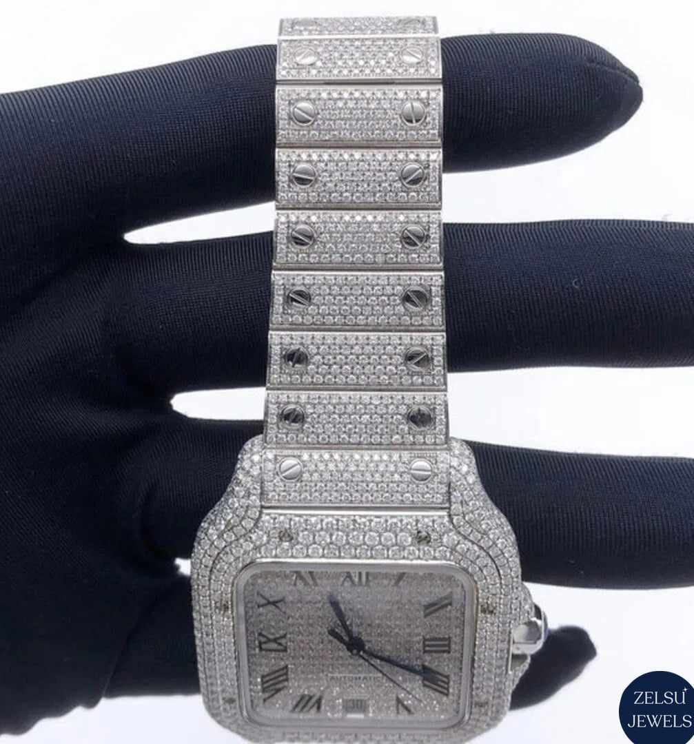 Luxury Cartier bust-down watch with fully VVS clarity diamonds, perfect for those who want a sophisticated and stunning accessory.