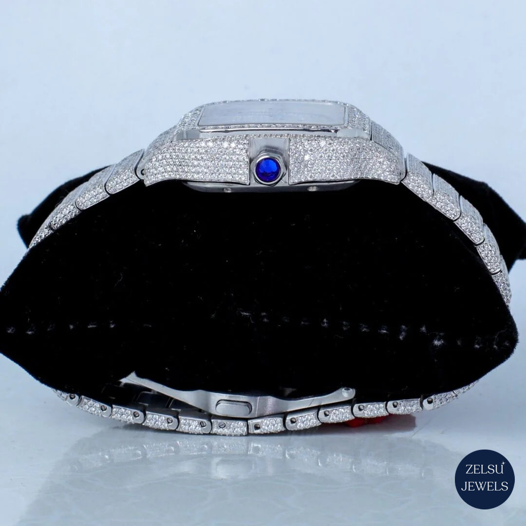 Fully VVS clarity Cartier bust-down watch with radiant diamonds, offering a combination of luxury, precision, and brilliance.