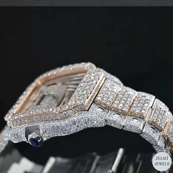 Radiant moissanite diamond watch, offering both luxury and precision with brilliant diamonds.