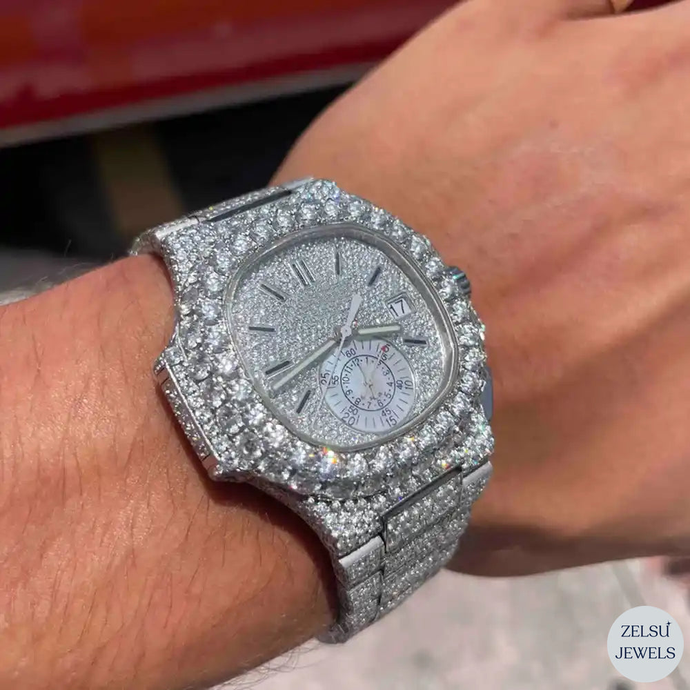 Sophisticated fully diamond watch, perfect for those seeking luxury and a dazzling timepiece covered in radiant diamonds.