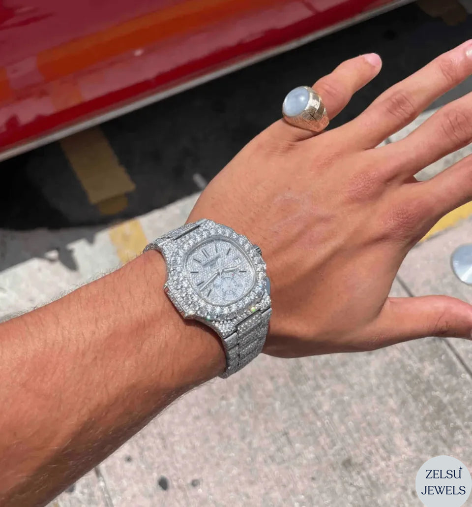 Stunning fully diamond watch, featuring brilliant diamonds on every inch for a bold luxury statement.
