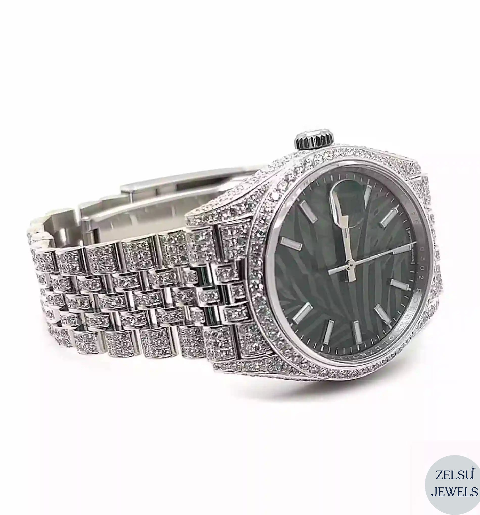 Glamorous silver diamond watch with a green dial and diamond accents, perfect for Rolex lovers.