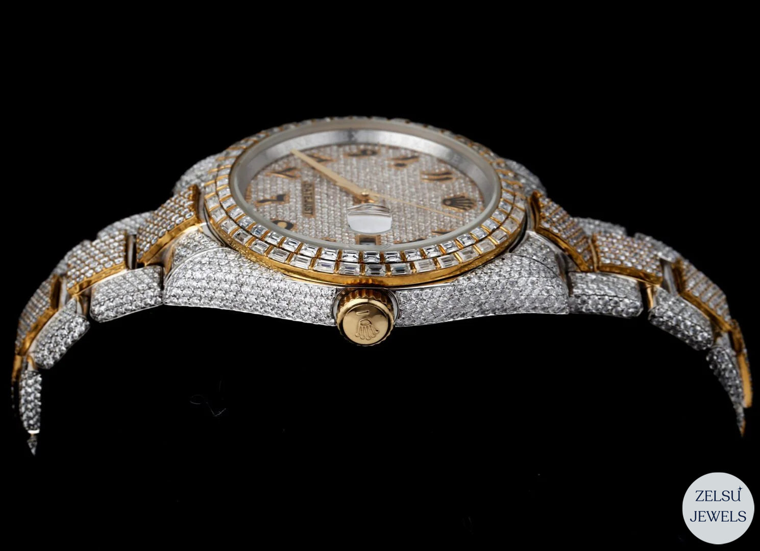 Rolex two-tone moissanite watch, featuring moissanite diamonds and a classic design for a sophisticated timepiece.
