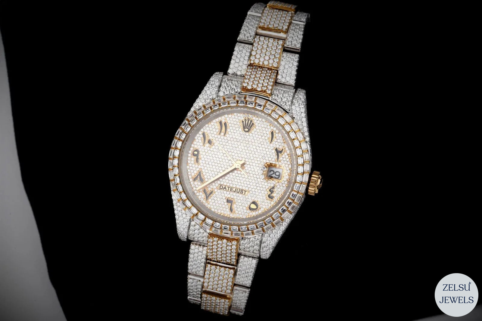 Elegant Rolex two-tone moissanite watch, offering both luxury and precision with radiant moissanite diamonds.