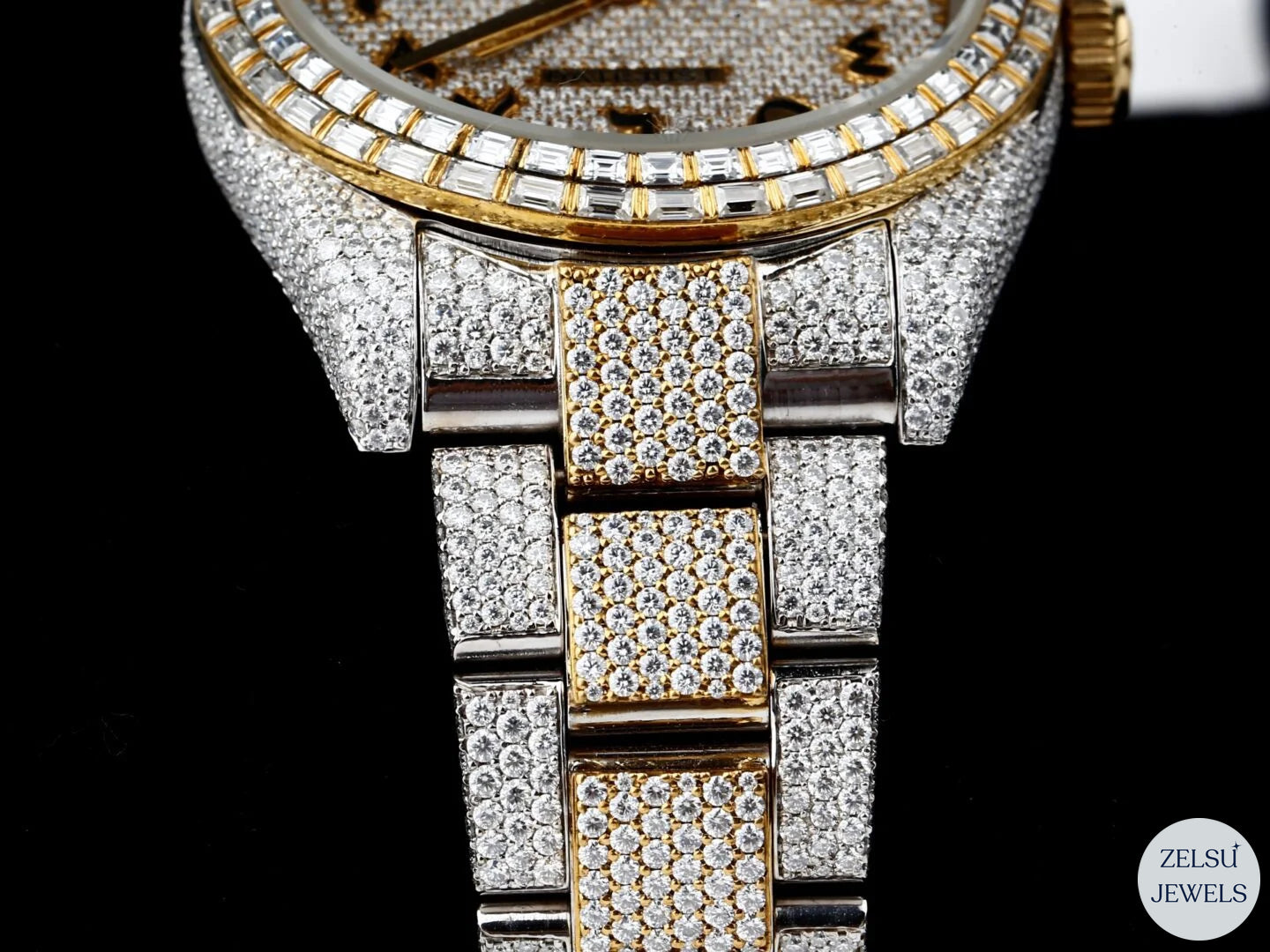 Radiant Rolex two-tone moissanite watch, featuring a stunning design with moissanite diamonds for a bold luxury look.