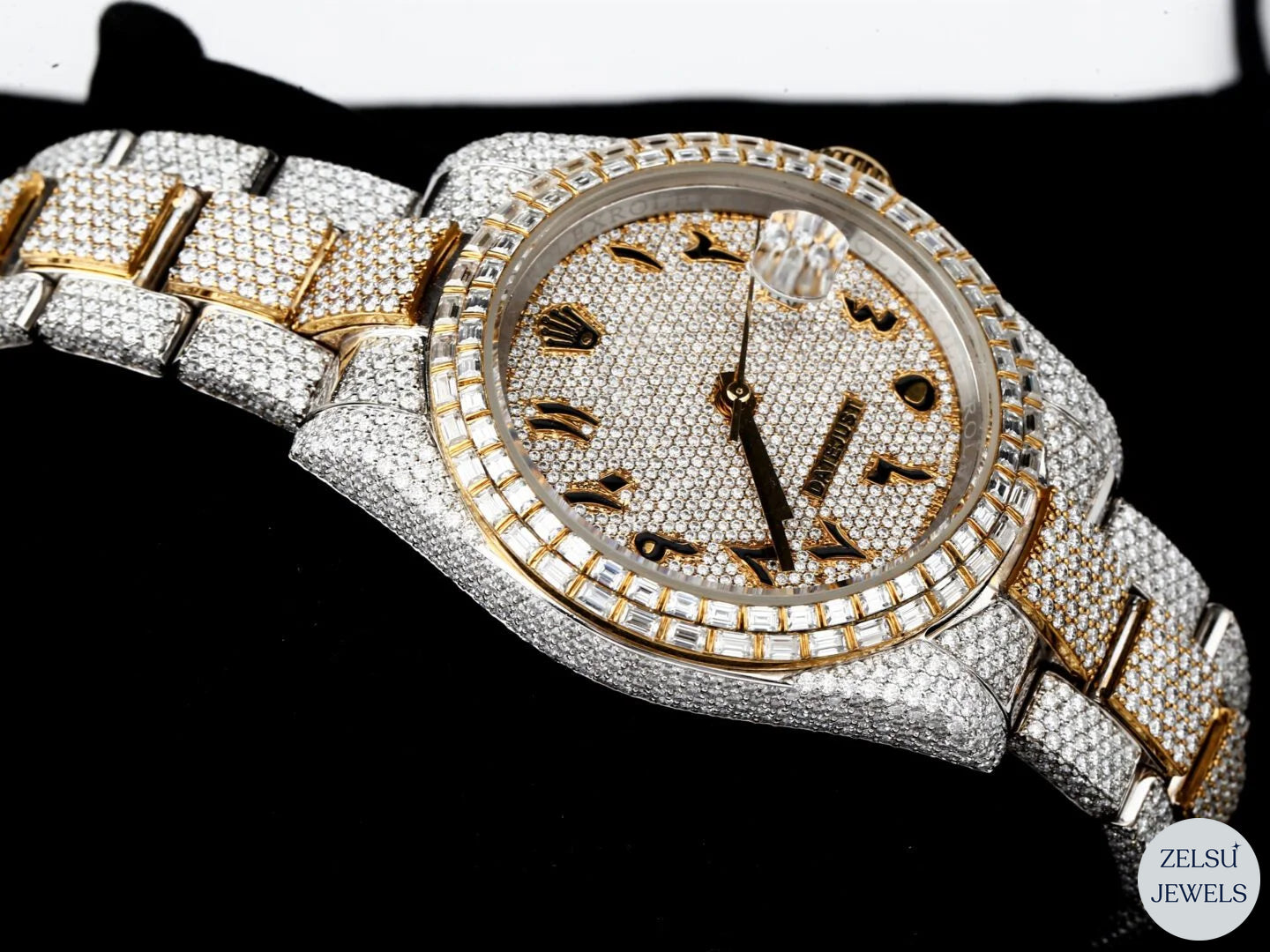 Luxury Rolex two-tone moissanite watch, combining gold and silver with moissanite diamonds for a timeless and elegant appearance.