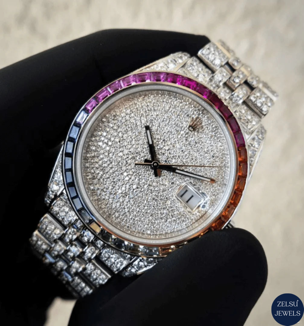 Luxury silver moissanite diamond watch with VVS clarity diamonds and a unique rainbow bezel, combining elegance and brilliance.