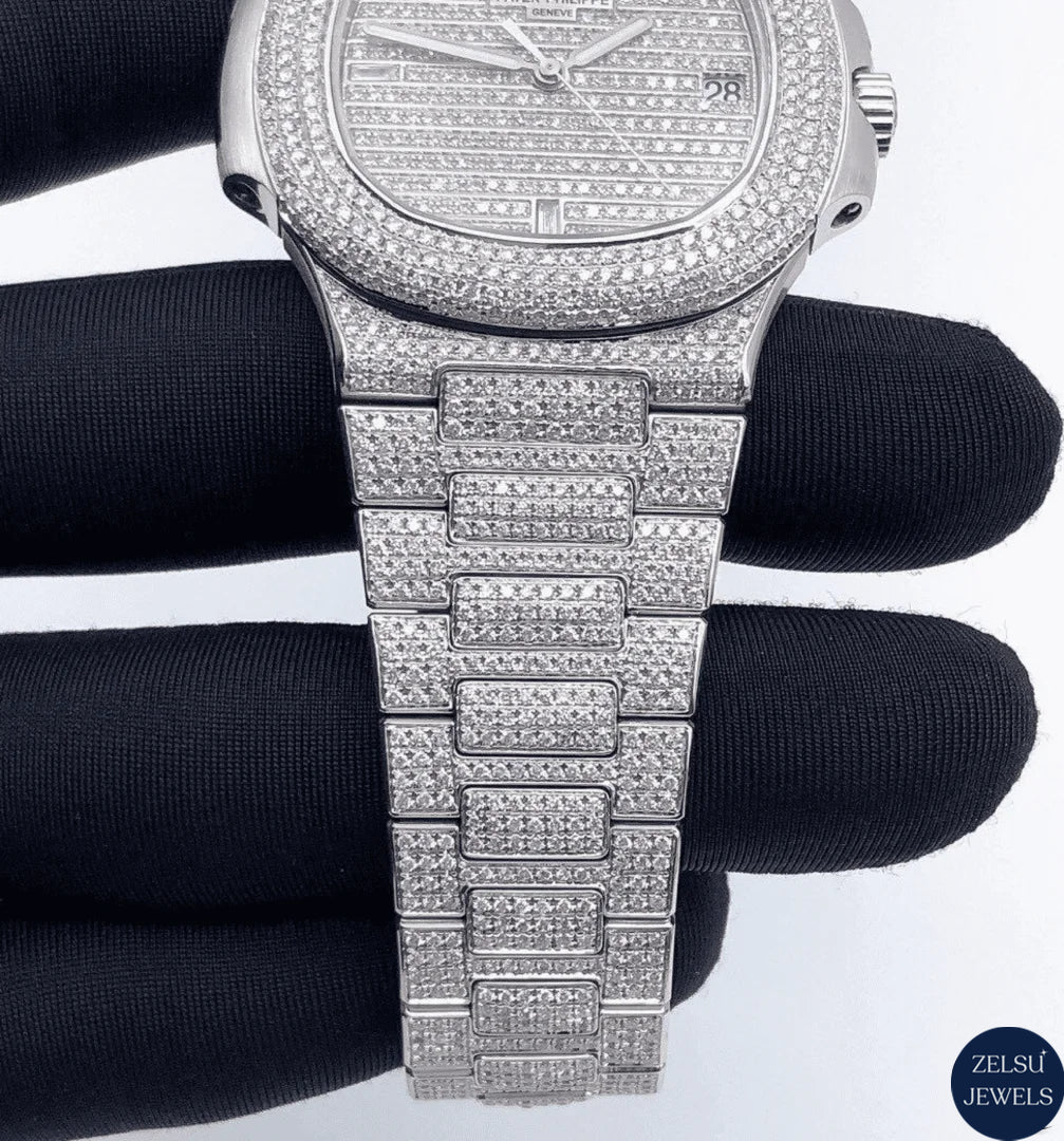 Radiant silver moissanite watch featuring a bust-down diamond design for a sophisticated and luxury appearance.