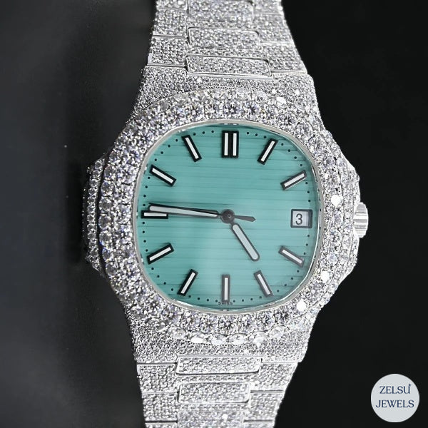 Contemporary moissanite diamond watch with radiant diamonds, offering a modern twist on a timeless luxury accessory.