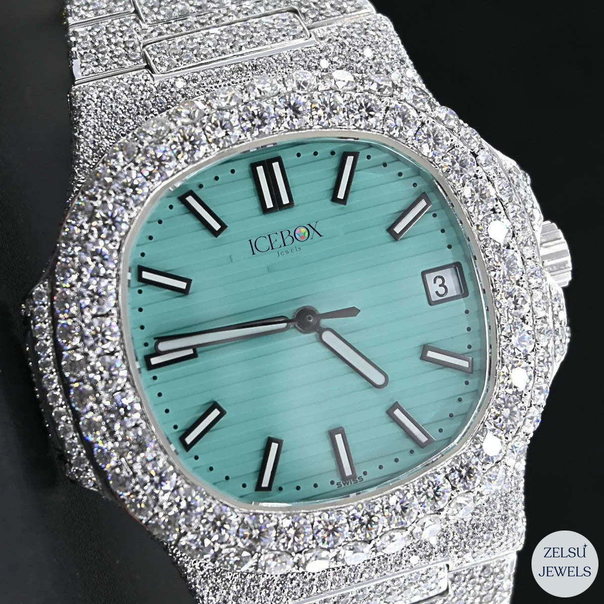 Elegant modern moissanite diamond watch featuring brilliant diamonds for a sophisticated, high-end design.