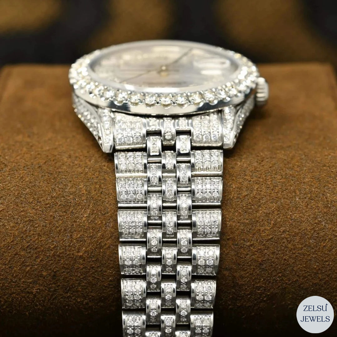 Radiant silver moissanite diamond watch with a bold red crystal dial and radiant diamonds, perfect for a luxury accessory.