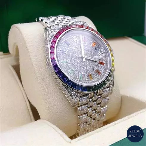 Exquisite Rolex silver diamond watch, featuring a rainbow bezel and dial with radiant diamonds for a luxury timepiece.