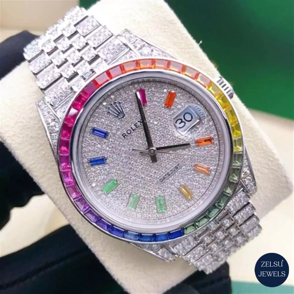 Rolex silver diamond watch with a stunning rainbow bezel and dial, offering a bold and luxurious timepiece.