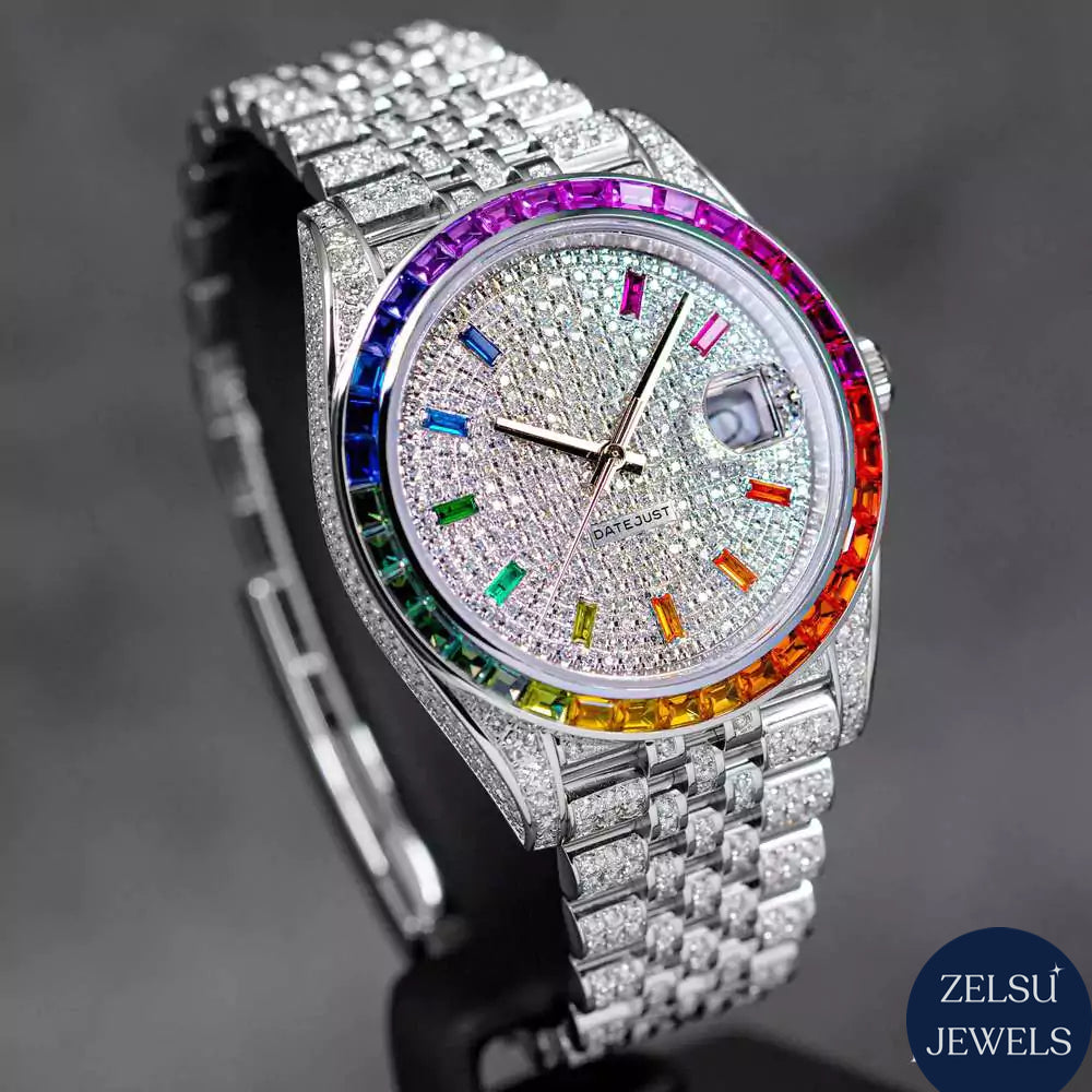 Radiant Rolex silver diamond watch featuring a rainbow bezel and dial with sparkling diamonds for an elegant, luxurious look.