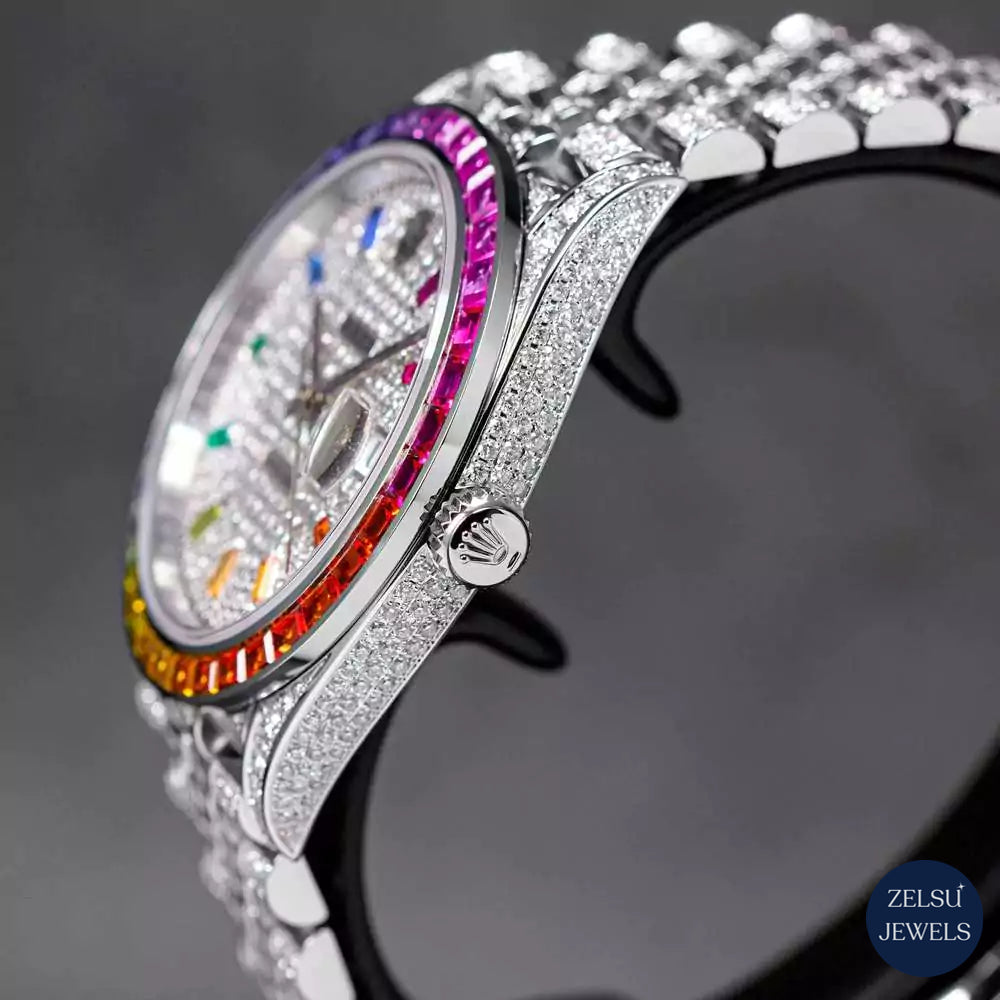 Sophisticated Rolex silver diamond watch, combining classic Rolex craftsmanship with a vibrant rainbow bezel and dial.