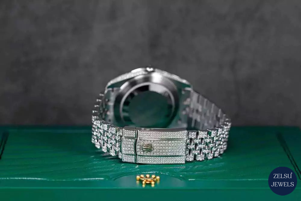 Stunning Rolex silver diamond watch with a rainbow bezel and dial, ideal for fashion-forward individuals seeking luxury.