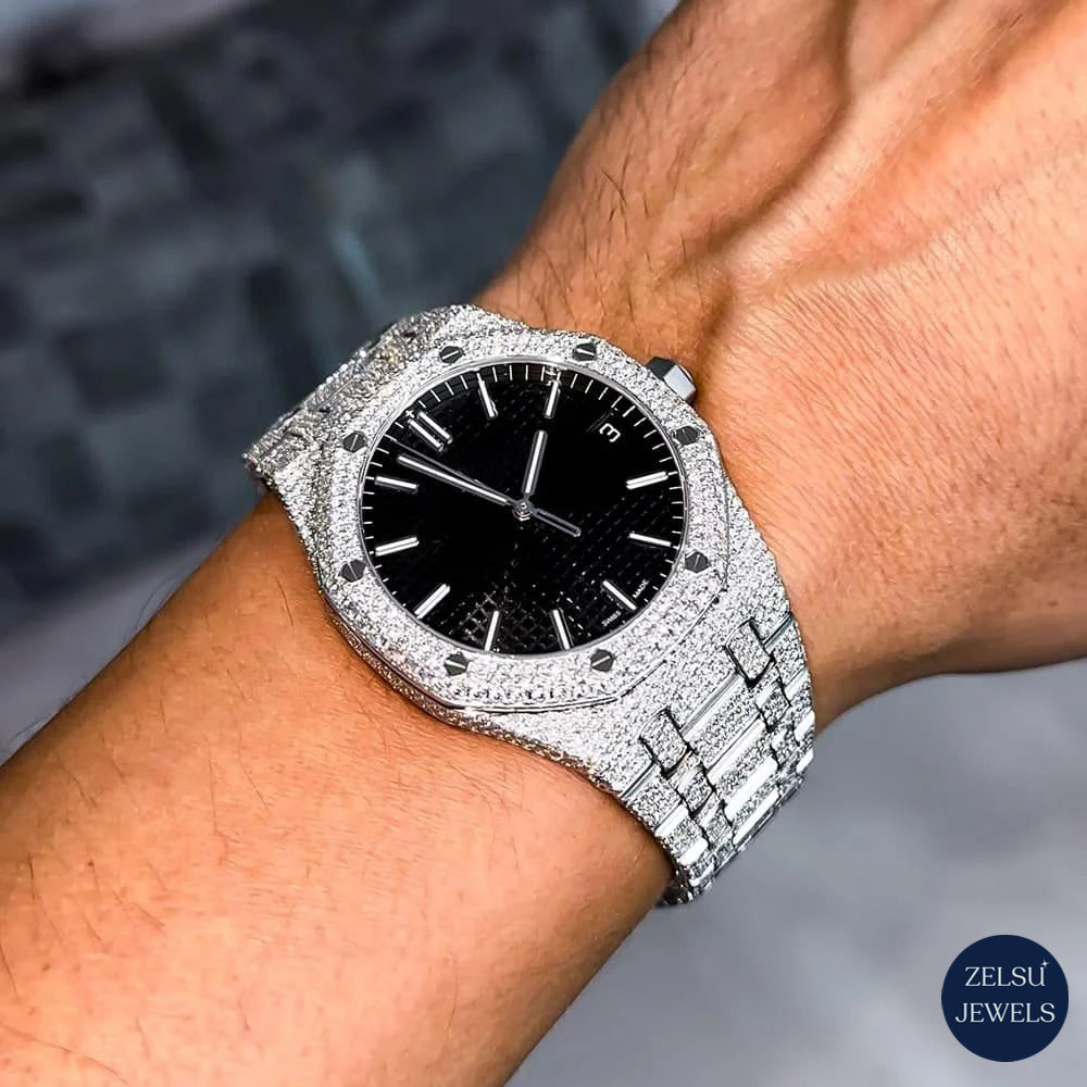 Exquisite silver watch with a sleek black crystal dial, perfect for those who appreciate luxury and timeless design.