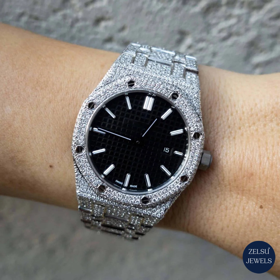 Luxury silver watch with a black crystal dial, ideal for fashion-forward individuals who seek refinement and style.
