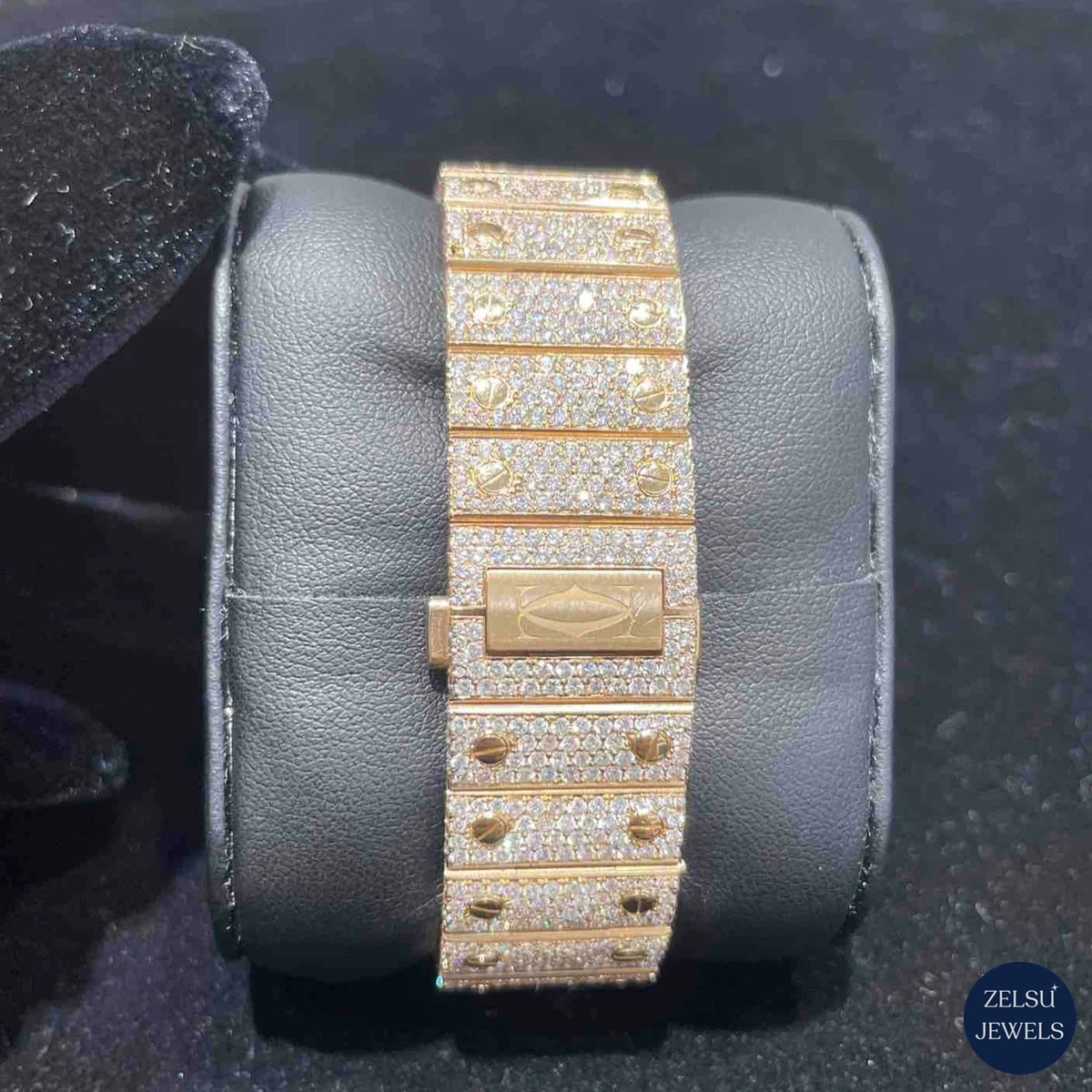 Luxury rose gold moissanite diamond watch with automated movement, featuring radiant diamonds for a timeless, high-end timepiece.