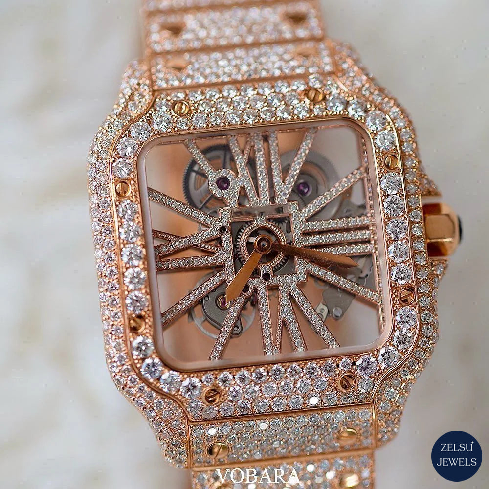 Exquisite rose gold moissanite diamond watch, featuring radiant diamonds and automatic movement for a refined and luxurious accessory.