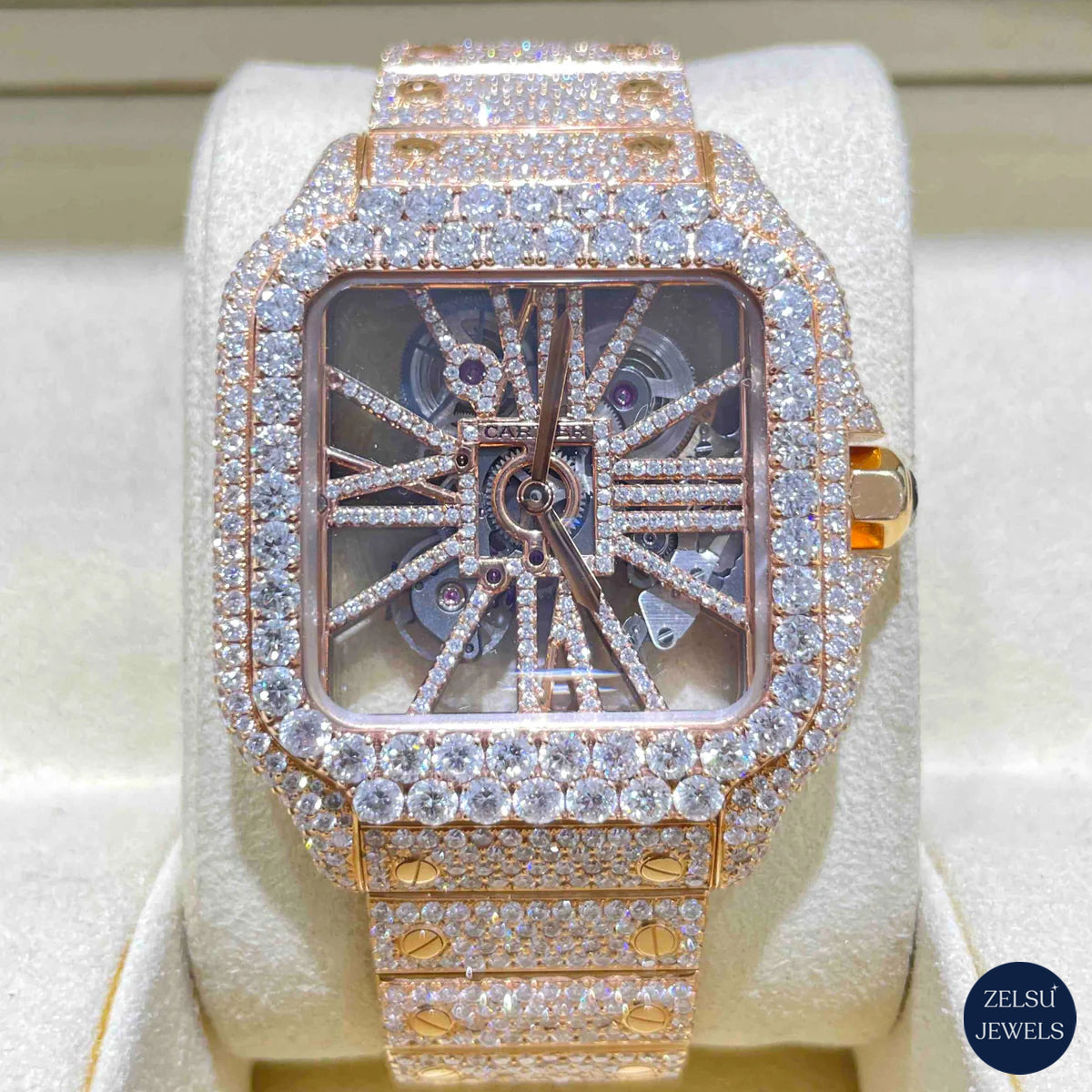 Radiant rose gold moissanite diamond watch with automated movement, offering a perfect blend of elegance and luxury.