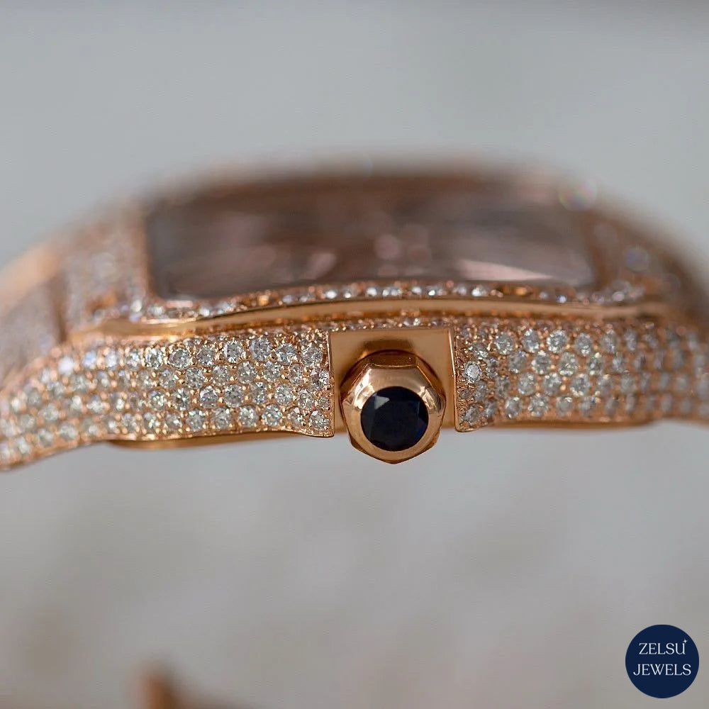 Luxury rose gold moissanite diamond watch, combining the beauty of diamonds with the reliability of automated movement.