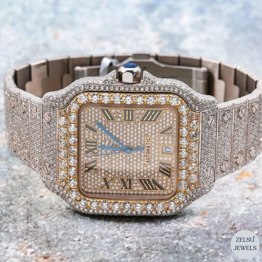 Elegant Cartier watch with a blue diamond crown, offering a bold and luxurious timepiece.