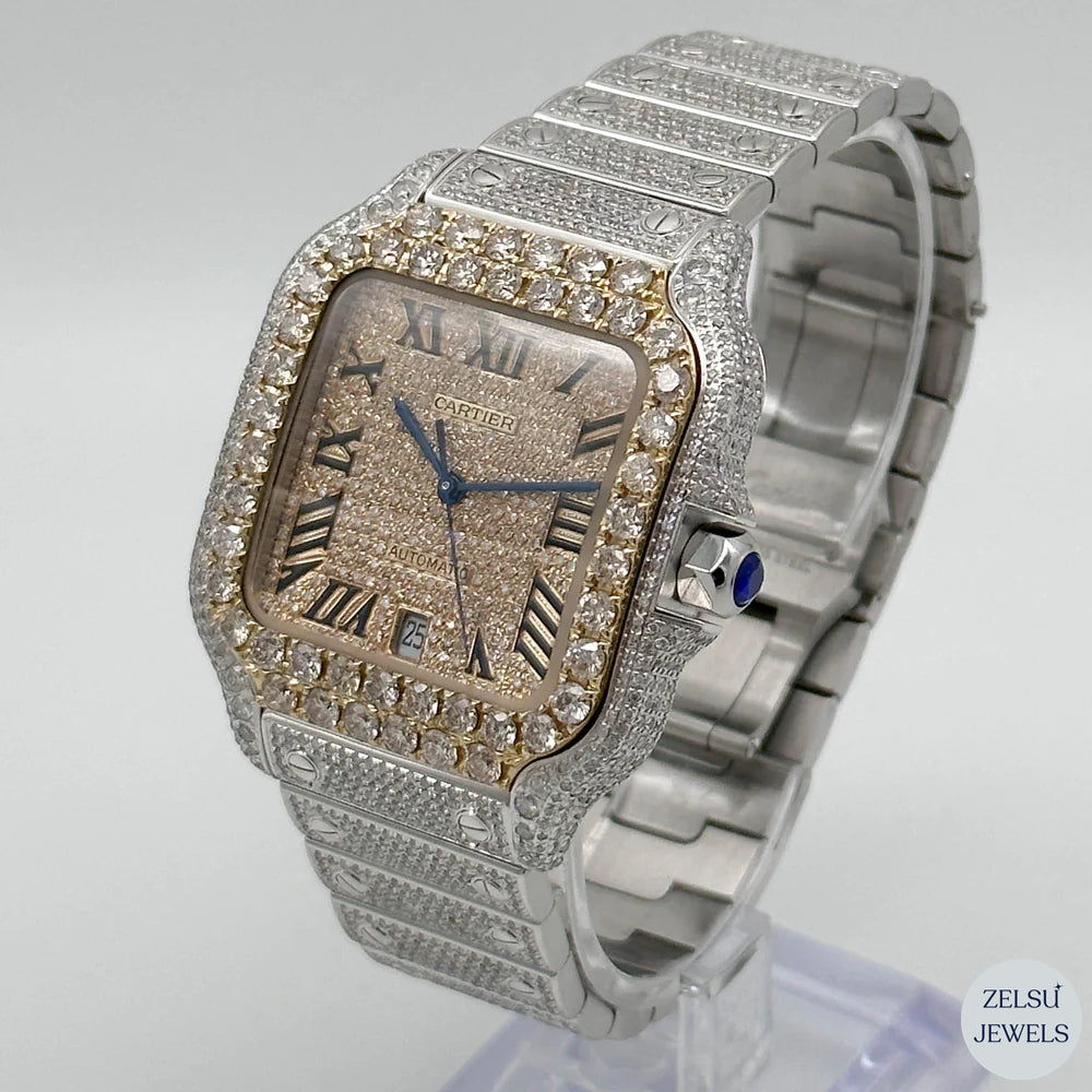 Luxury Cartier watch, featuring a brilliant blue diamond crown for a unique and sophisticated design.