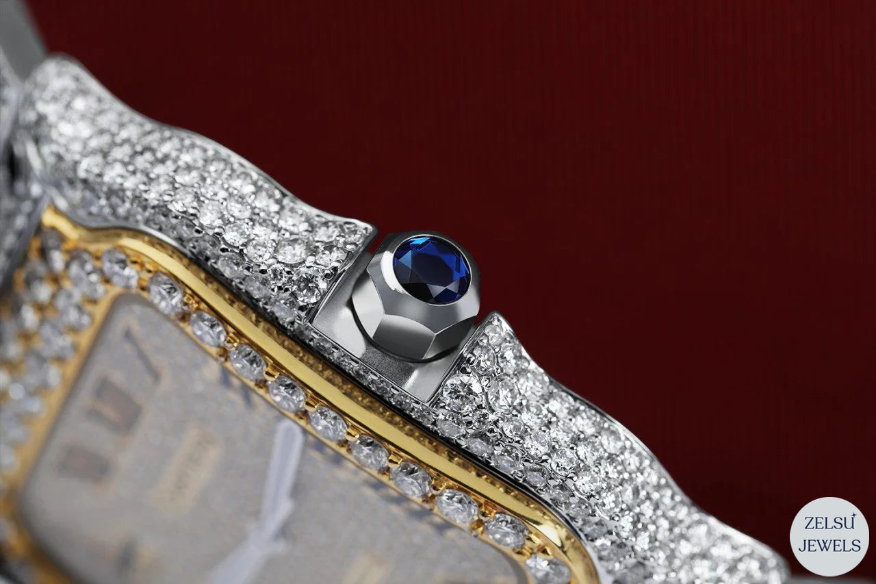 Radiant Cartier watch with a blue diamond crown, perfect for those who seek a high-end, luxurious timepiece.