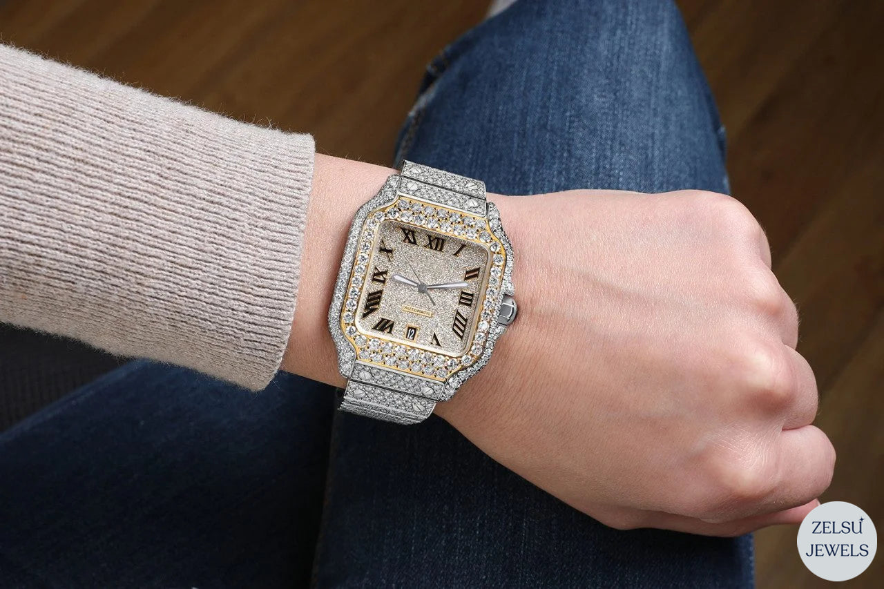 Exquisite Cartier watch with a blue diamond crown, combining the beauty of diamonds with iconic Cartier craftsmanship.