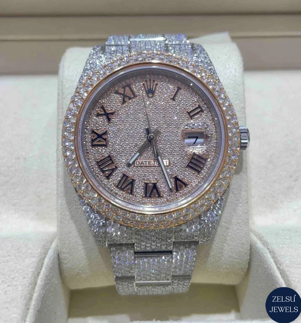 Luxury Rolex diamond watch featuring radiant moissanite diamonds, offering an elegant timepiece for watch enthusiasts.