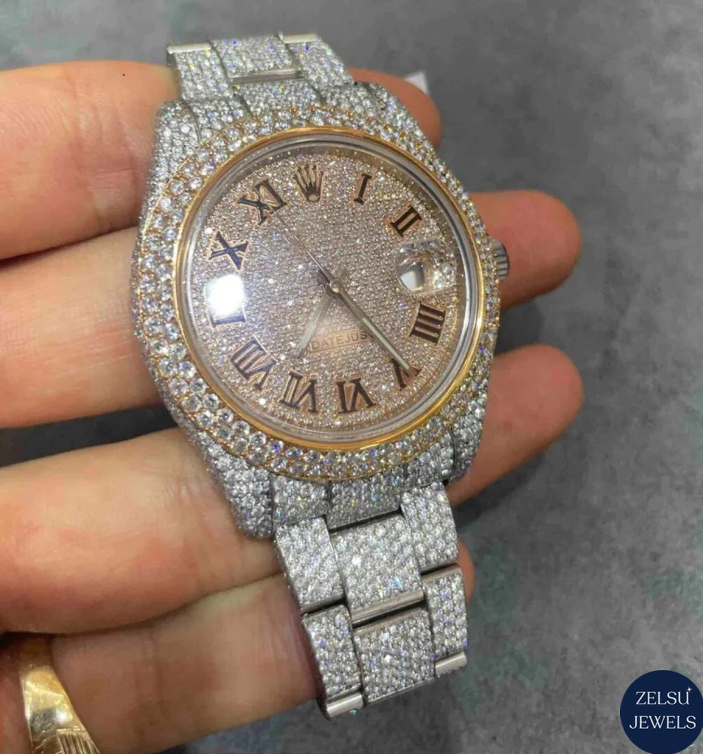 Luxury Rolex watch, featuring radiant moissanite diamonds for a refined and timeless look.