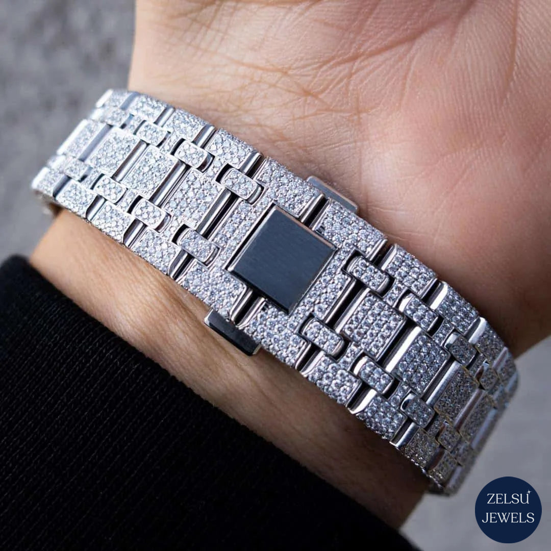 Exquisite silver diamond watch with a bust-down diamond design, offering both sophistication and brilliance.