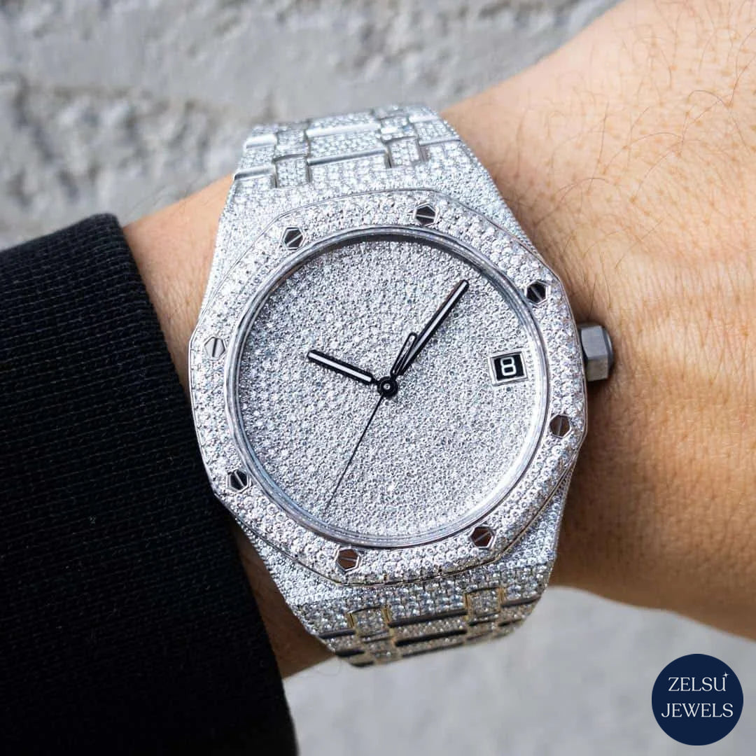 Radiant silver diamond watch featuring bust-down diamonds, perfect for those seeking a luxury timepiece with a bold look.