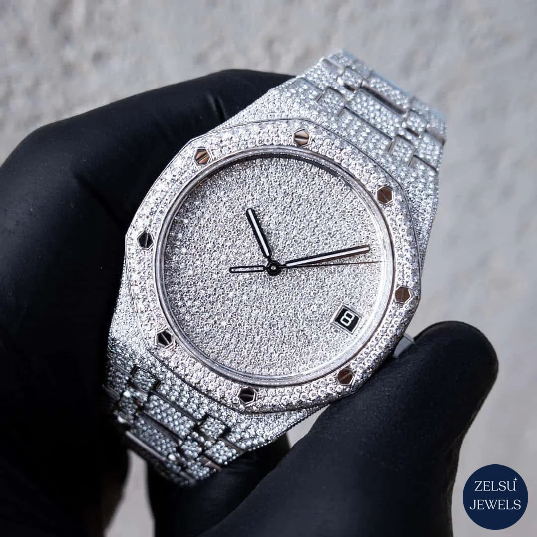 Sophisticated silver diamond watch with bust-down diamonds for a high-end, statement-making timepiece.